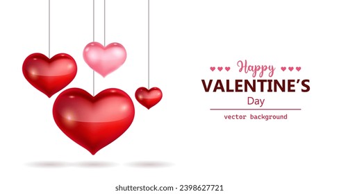 Happy valentine's day horizontal banner with hanging heart shapes. vector illustration