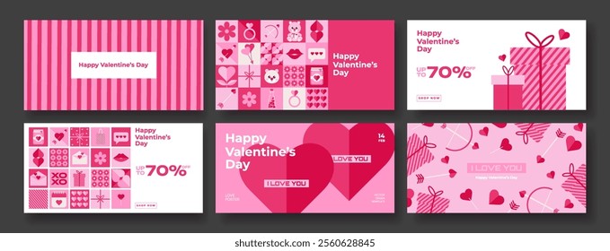 Happy Valentine's Day horizontal banner, cards, poster set  with holiday simple icons in modern geometric style. Creative concept for greetings, ads, sales, print