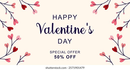 Happy Valentine's Day horizontal banner for sale. Twigs with hearts on the edges. Simple cute greeting card. Vector illustration.