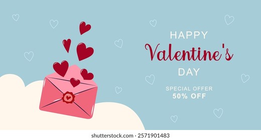 Happy Valentine's Day horizontal banner for sale. Red hearts flying out of open envelope. Simple cute greeting card. Vector illustration.