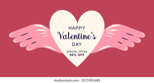 Happy Valentine's Day horizontal banner for sale. Big heart with Pink angel wings. Simple cute greeting card. Vector illustration.