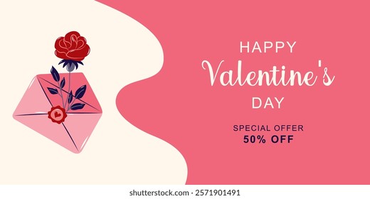Happy Valentine's Day horizontal banner for sale. Red rose in pink envelope. Simple cute greeting card. Vector illustration.