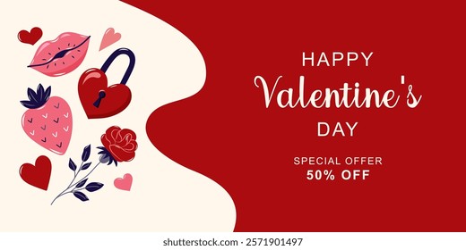 Happy Valentine's Day horizontal banner for sale. Love elements on the edge. Simple cute greeting card. Vector illustration.