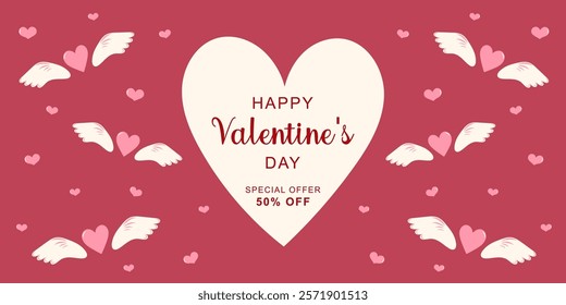 Happy Valentine's Day horizontal banner for sale. Pink hearts with angel wings on the edges. Simple cute greeting card. Vector illustration.