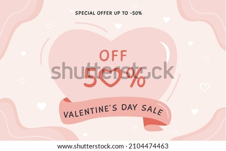 Happy Valentine's Day horizontal banner with hearts and abstract shapes in pastel colours. Trendy Valentines day sale template in flat style. Vector background with copy space for text.