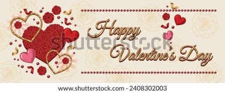 Happy Valentines Day horizontal Banner with hearts, confetti, scattered beads, red lush blooming roses, text. Holiday design for greeting card, flyer, wedding, engagement event decoration