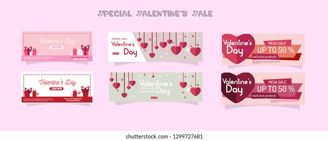 Happy Valentine's Day horizontal banners set.Vector illustration. Holiday bright greeting cards, love creative concept, gift voucher, invitation. Place for text