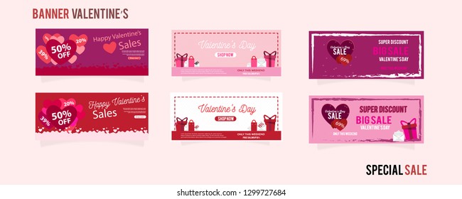Happy Valentine's Day horizontal banners set.Vector illustration. Holiday bright greeting cards, love creative concept, gift voucher, invitation. Place for text