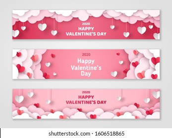 Happy Valentine's Day horizontal banners set with paper cut clouds and hearts. Vector illustration. Holiday bright greeting cards, love creative concept, gift voucher, invitation. Place for text.