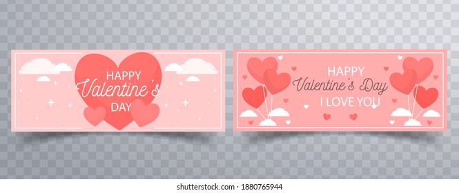 Happy Valentine's Day horizontal banners set with romantic elements. Holiday bright greeting cards, love creative concept, gift voucher, invitation. Vector illustration. 