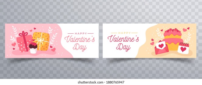 Happy Valentine's Day horizontal banners set with romantic elements. Holiday bright greeting cards, love creative concept, gift voucher, invitation. Vector illustration. 