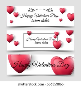 Happy Valentines Day horizontal banners with beautiful hearts. Shiny love background, wedding header or card design. Vector, illustration, eps 10.