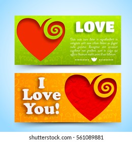 Happy Valentines day horizontal banners with paper red hearts on green orange icons background isolated vector illustration