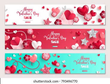 Happy Valentine's Day horizontal banners set with hearts and flowers. Vector illustration. Holiday brochure design, greeting cards, love creative concept, gift voucher, invitation. 