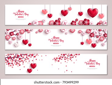 Happy Valentine's Day horizontal banners set with tree and hearts. Vector illustration. Holiday bright greeting cards, love creative concept, gift voucher, invitation. Place for text.