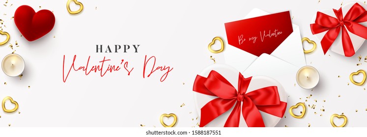 Happy Valentine's Day horizontal card. Vector illustration with realistic gift boxes, envelope, candles, gold hearts and confetti on white background. Holiday gretting card.