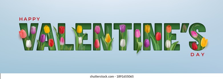 Happy valentine's day horizontal greeting card. Typography congratulation text, paper cut letters with photorealistic tulips on a light purple backdrop. Vector illustration