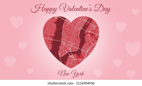 Happy Valentine's day horizontal holiday card with New York City map in heart shape. Pink and red color vector illustration. Love city travel cityscape.