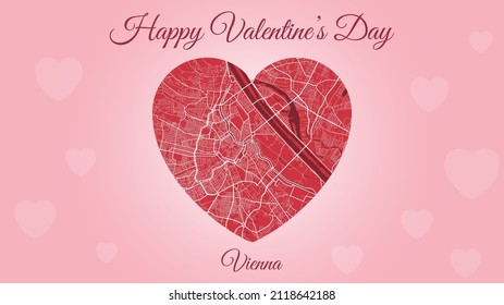 Happy Valentine's day horizontal holiday card with Vienna map in heart shape. Pink and red color vector illustration. Love city travel cityscape.