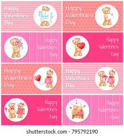 Happy Valentines Day horizontal postcards set with adorable fluffy bears with balloons in heart shape cartoon vector illustrations inside circles.
