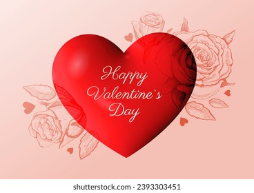 Happy Valentine's Day horizontal poster with heart, hand-drawn roses, and text. Vector modern illustration