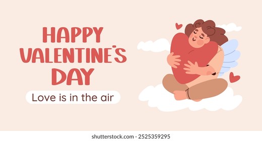 Cartaz horizontal feliz dia dos namorados. Cupido de menina bonito senta-se em nuvem fofa e gentilmente abraça grande coração. Modelo de design, ilustração de vetor