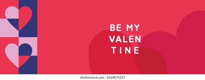 Happy Valentines Day horizontal poster, cover, website header, banner. Abstract minimal template in modern geometric style with hearts pattern for celebration, decoration, branding