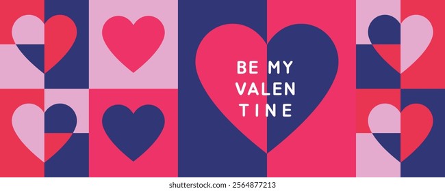 Happy Valentines Day horizontal poster, cover, website header, banner. Abstract minimal template in modern geometric style with hearts pattern for celebration, decoration, branding