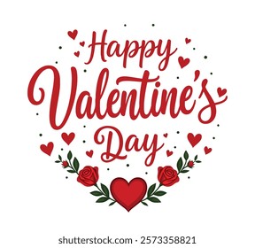 Happy Valentine's Day horizontal typography flower with handwritten calligraphy and bold text. Vector illustration for ads, posters, cards, banners, and prints