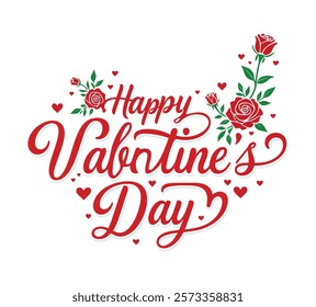 Happy Valentine's Day horizontal typography flower with handwritten calligraphy and bold text. Vector illustration for ads, posters, cards, banners, and prints