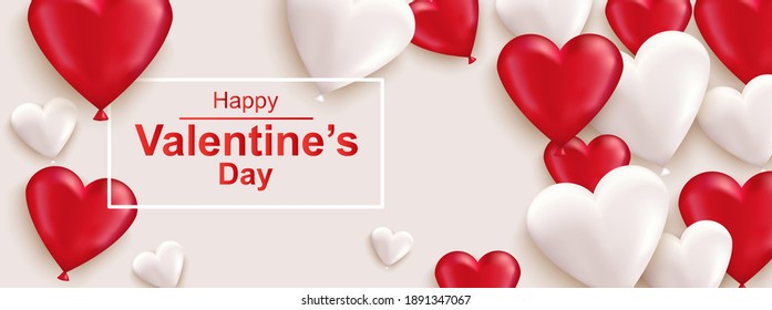 Happy Valentines day horizontal web banner. Realistic red and white heart. Beautiful celebration banner for holiday poster, greeting cards, header, landing page, website. Vector illustration.