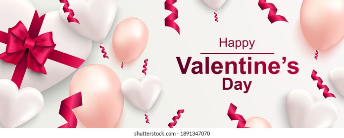 Happy Valentines day horizontal web banner. Realistic gift box with bow, heart, confetti and balloons. Banner for holiday poster, greeting cards, header, landing page, website. Vector illustration.