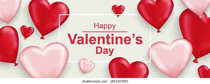 Happy Valentines day horizontal web banner. Realistic red and white heart. Beautiful celebration banner for holiday poster, greeting cards, header, landing page, website. Vector illustration.