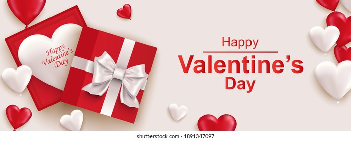 Happy Valentines day horizontal web banner. Realistic gift box with bow, red and white heart. Beautiful banner for holiday poster, greeting cards, header, landing page, website. Vector illustration.