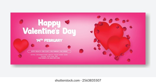 Happy Valentine's Day Horizontal web banner and editable social media cover header, valentine's Day illustration background design