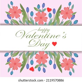 Happy Valentine's Day. A horizontal white stripe with a phrase, decorated with wildflowers and small hearts on a delicate pink background. Design for greeting card, advertising poster, flyer.