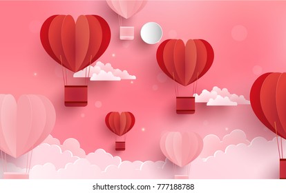 happy valentines day. hot air balloon in the shape of love. paper art design