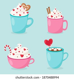 Happy Valentine's Day. Valentine's Day hot drinks collection. Vector illustration.