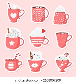 Happy Valentine's Day. Valentine's Day hot drinks collection. Vector illustration. Eps 10