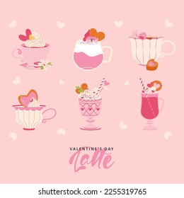 Happy Valentinstag heißen Getränke Set mit Blumen und Süßigkeiten, Creme auf rosafarbenem Hintergrund. Latte romantische Vektorgrafik