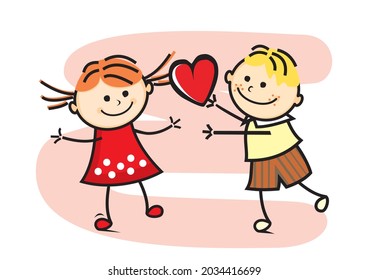 Happy Valentine's day, humorous vector illustration, boy and girl with heart, pink background