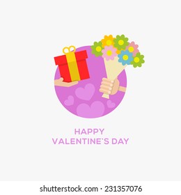 Happy Valentines Day Icon. Hand with gift and bouquet of flower, flat design, vector illustration