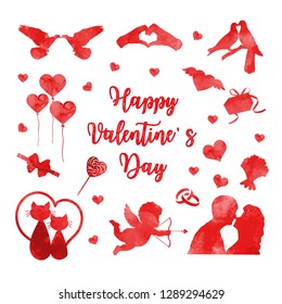 Happy Valentine's Day icon set of watercolor silhouettes. Cute romance love collection of design elements with cupid, heart, couple, cats, pigeons. Vector illustration 