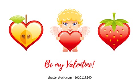 Happy Valentine's day icon set. Cartoon heart banner. Red Valentine collection, 3d realistic style. Vector illustration isolated white background. Love apple, strawberry, cupid cherub with heart