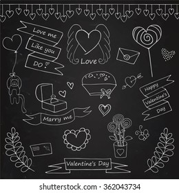 Happy Valentine's day icon set. Hand drawn chalk on blackboard.Illustration vector 