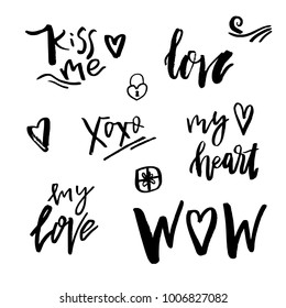 Happy Valentines day icons with calligraphy on white. Template for Greetings, Congratulations, Housewarming posters, Invitation, Photo overlay. Vector illustration