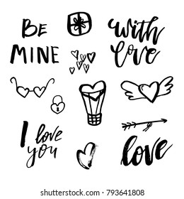 Happy Valentines Day Icons With Calligraphy On White. Template For Greetings, Congratulations, Housewarming Posters, Invitation, Photo Overlay. Vector Illustration