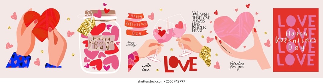 Happy Valentine's Day. Icons and objects. Vector cute modern isolated illustration of heart, jar with valentines, hand with glass, hands holding heart, logo, love, text