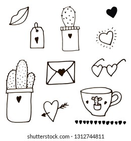 Happy Valentines day icons set in hand drawn style. Vector illustration
