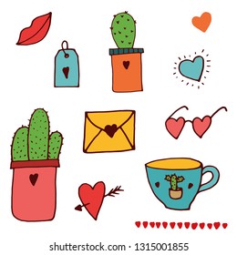 Happy Valentines day icons set in hand drawn style. Vector illustration